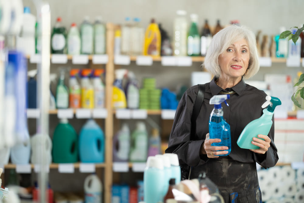 Mature female shopper carefully selects spray glass cleaner for windows in her home