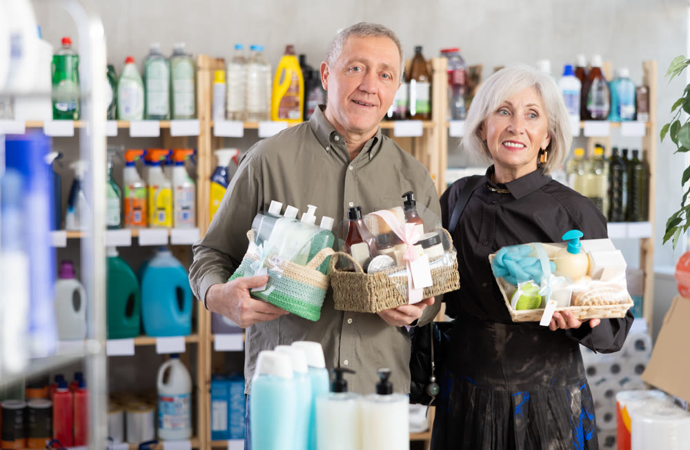 Couple man and woman choosing cosmetics gift set