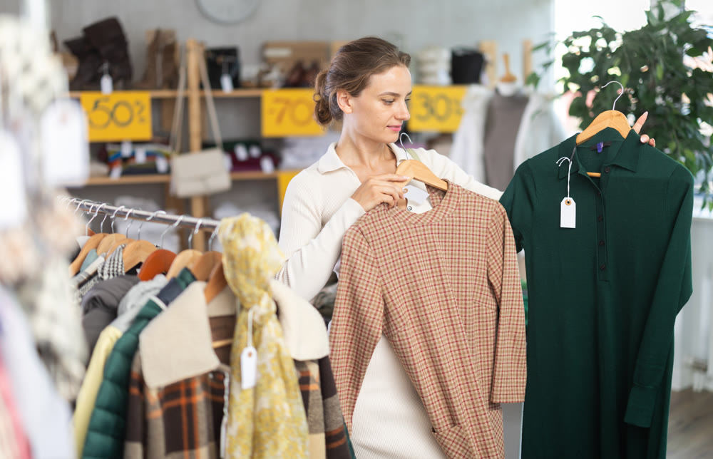 Woman choosing a warm dress in a store
