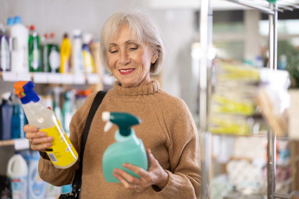 Elderly woman choosing spray in store