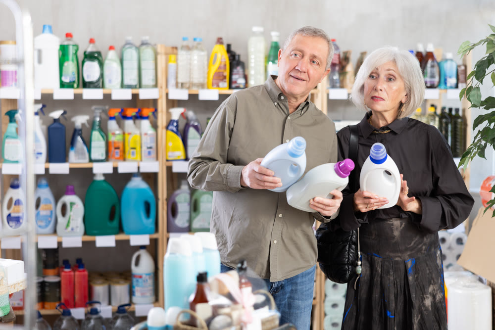 Couple man and woman choosing detergent in store