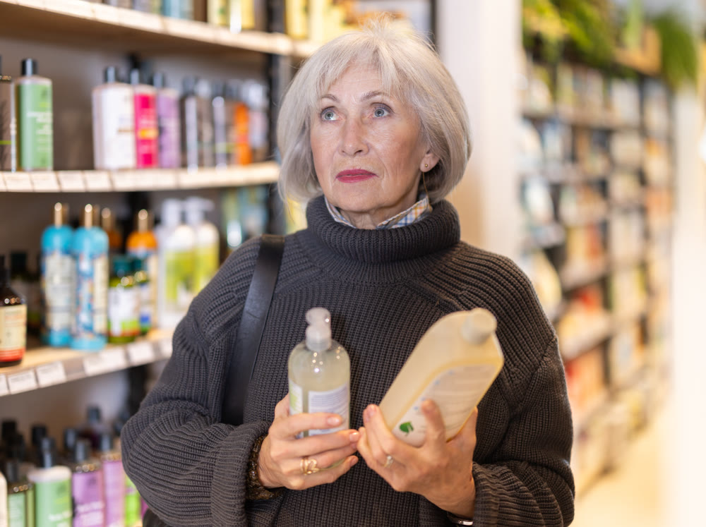 Senior woman reads label, choose and compare shampoo