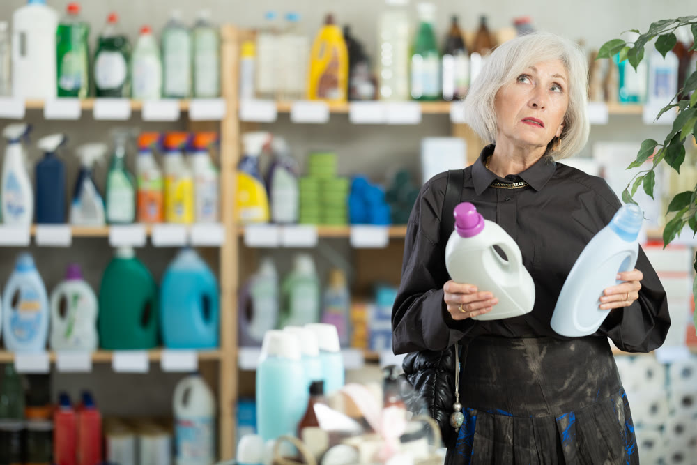 Elderly woman buyer chooses detergent in store