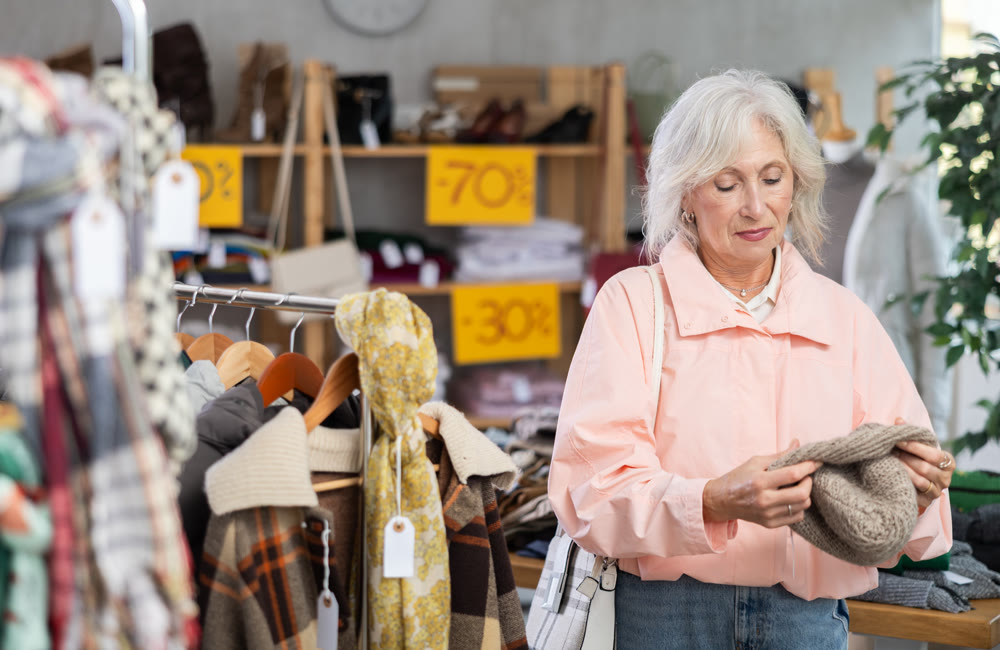 Elderly woman choosing hat in clothing store