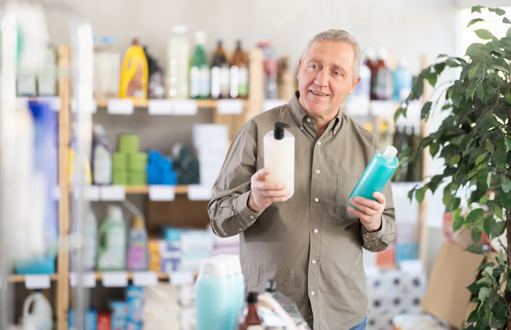 Elderly man choosing shampoo and shower gel