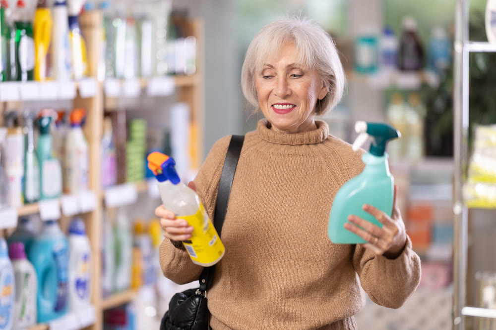 Elderly woman choosing spray in store