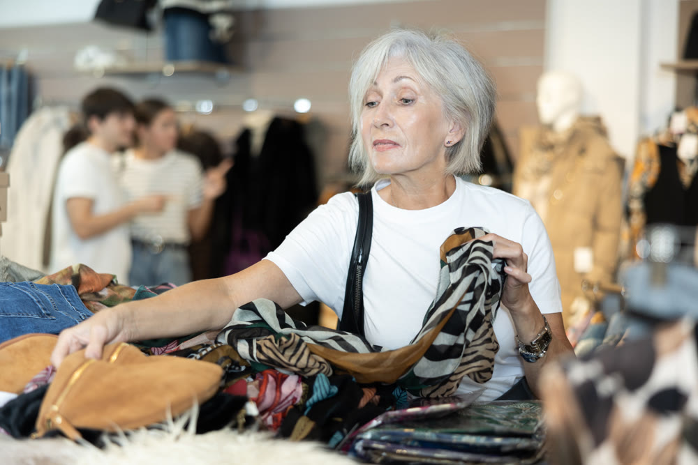 Senior woman buyer carefully sort through various wardrobe items presented in window of second-hand store