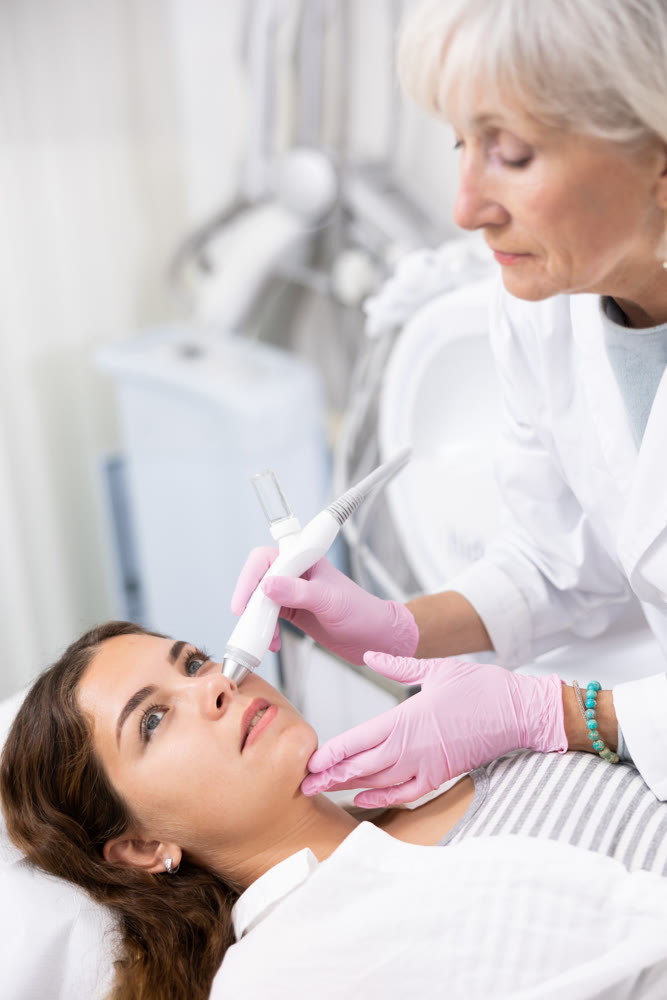 Young woman having face vacuum cleaning procedure