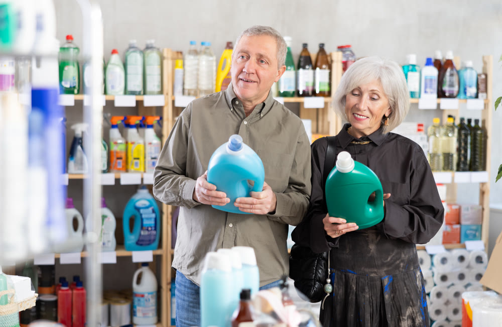Elderly couple choosing cleaning product in supermarket