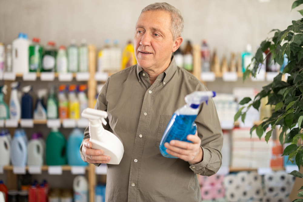Elderly man choosing cleaning spray in supermarket