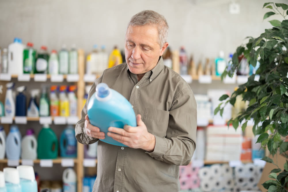 Senior man select and studies label liquid detergent