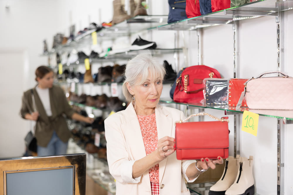 Elderly woman chooses and buys a fashionable clutch bag