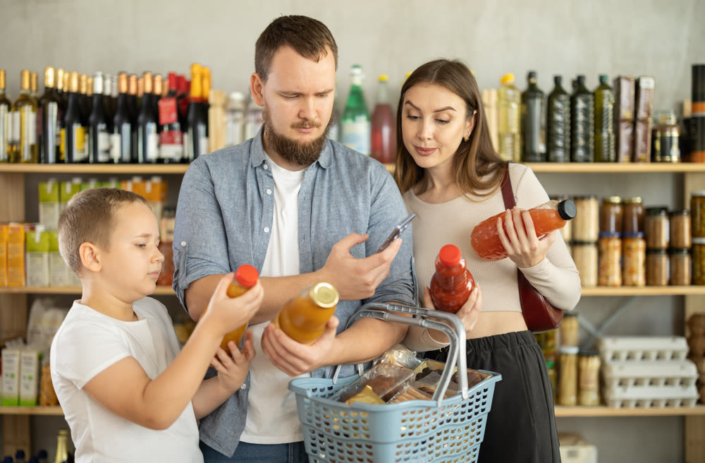 Young family with little son scanning QR on bottle of juice in supermarket