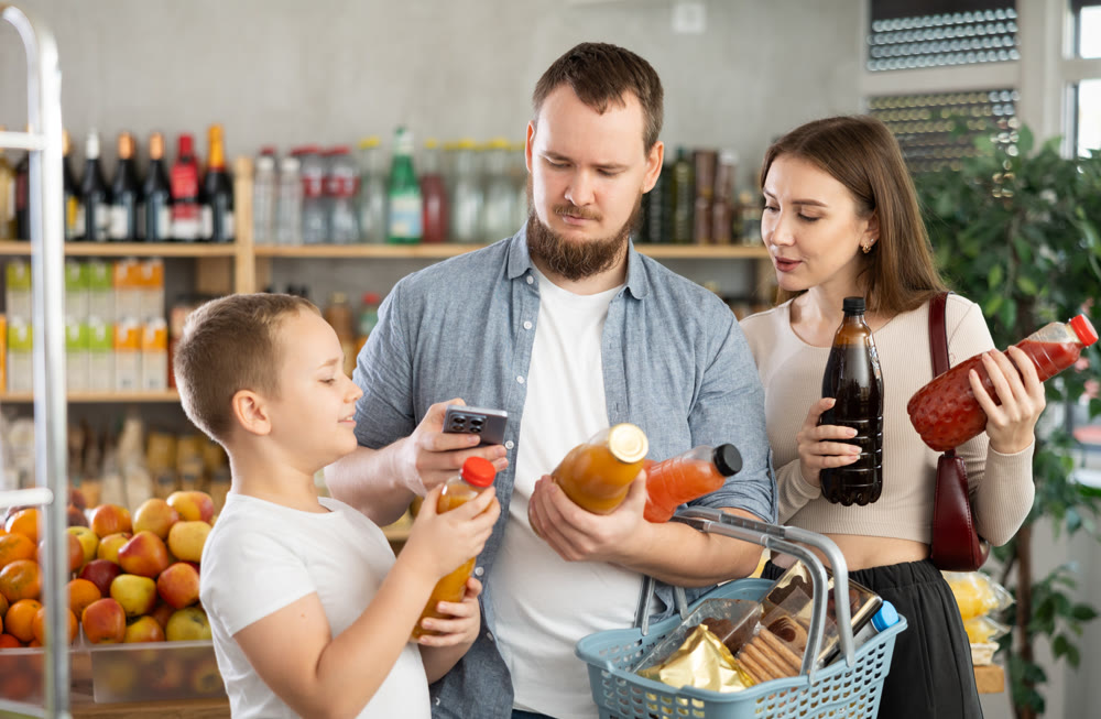 Family scanning barcodes on juice bottles in grocery store