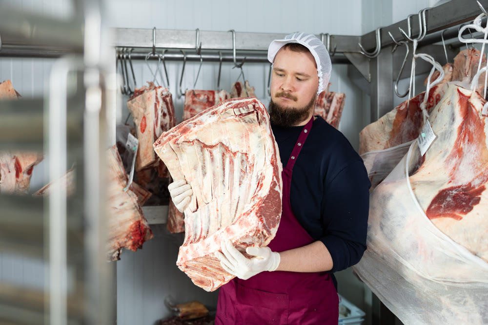 Male butcher shop butcher shows raw chopped carcasses and ribs