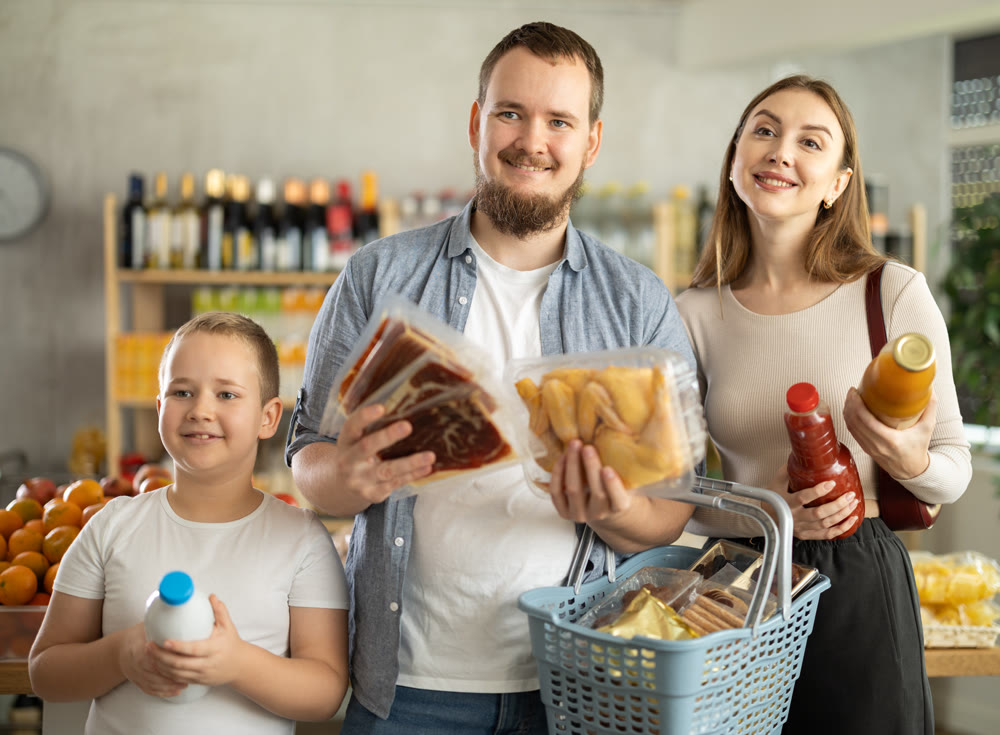 Preteen boy shopping for groceries together with parents at store