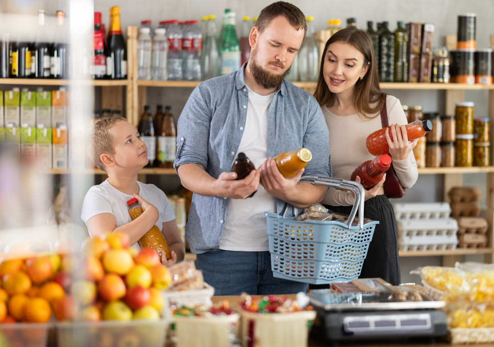Young family with little son choosing natural juice in supermarket