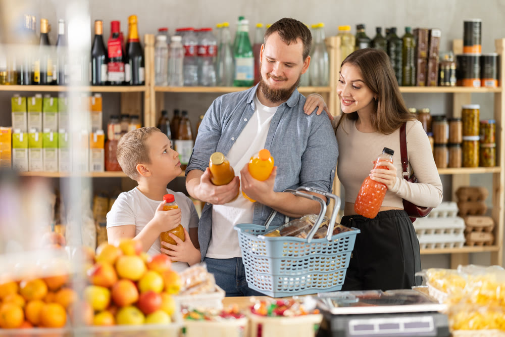 Family with son choose tasty juice together in grocery section of supermarket