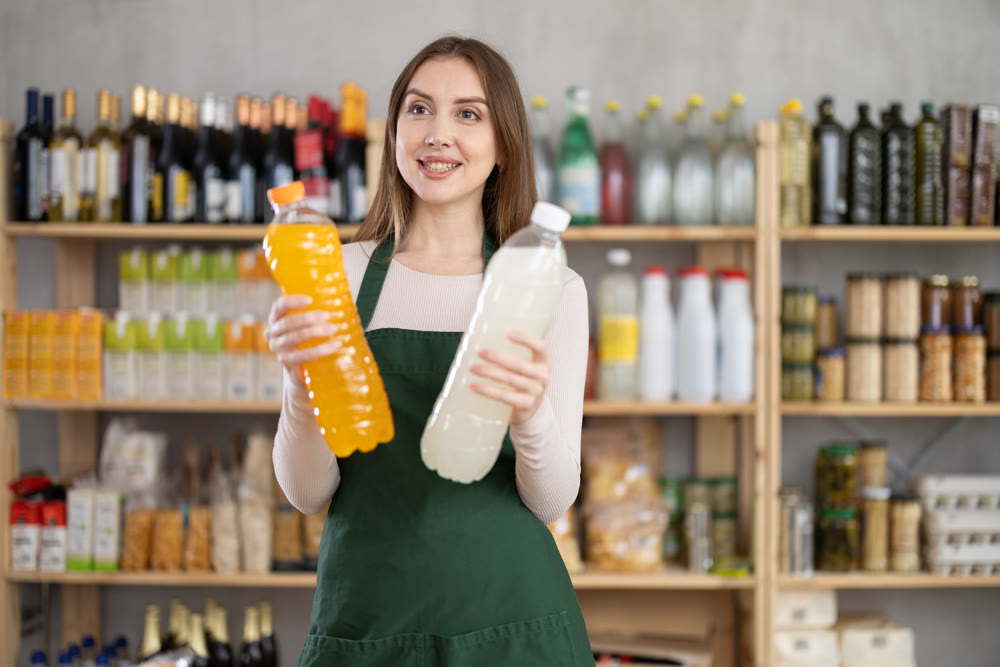 Girl stands near counter in grocery department of store, gesturing to look at assortment