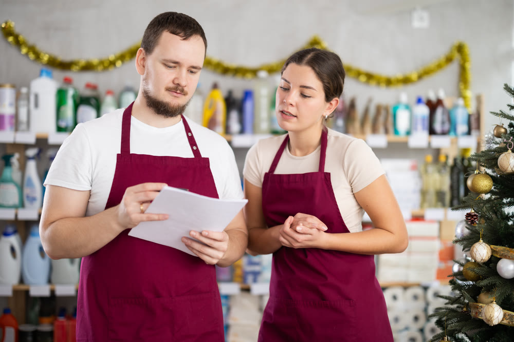 Retail workers discussing inventory results in personal care products store
