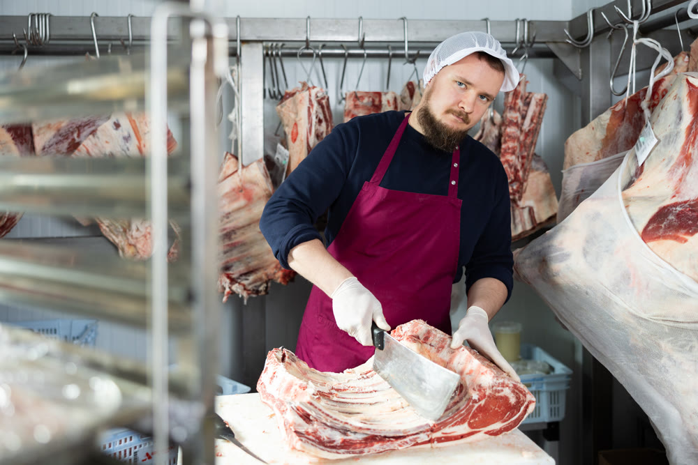 Employee of local butcher shop divides large huge piece of meat carcass with knife