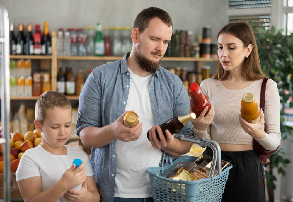 Couple man and woman with boy choosing drinks in grocery