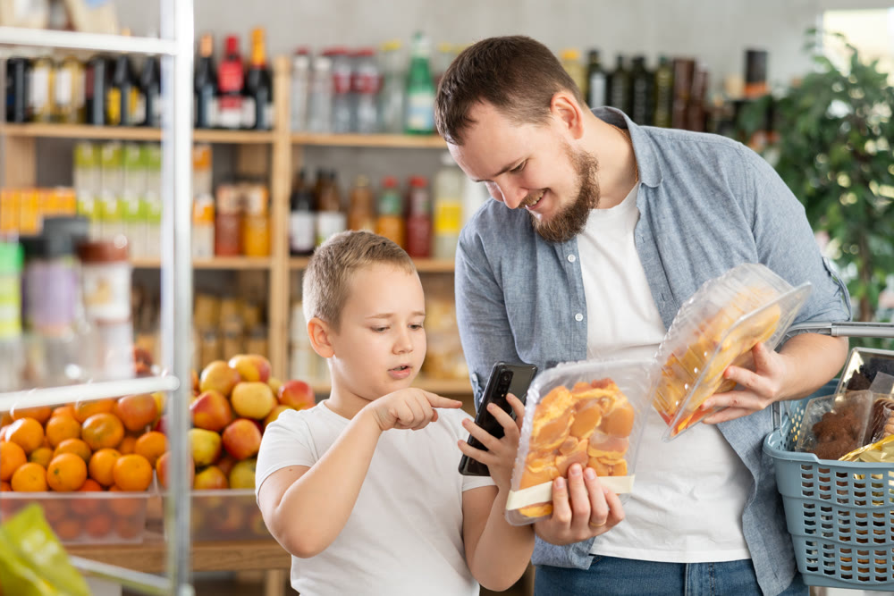 Man with preteen son scanning barcode on packaged chicken in grocery store