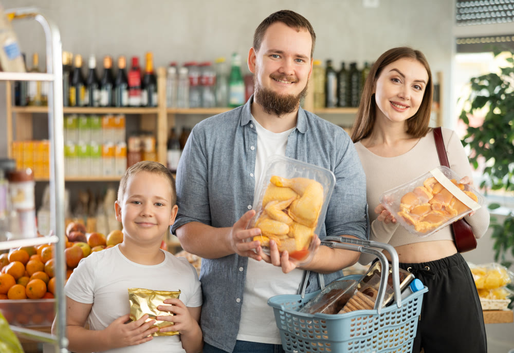 Young family with little son choosing chicken in supermarket