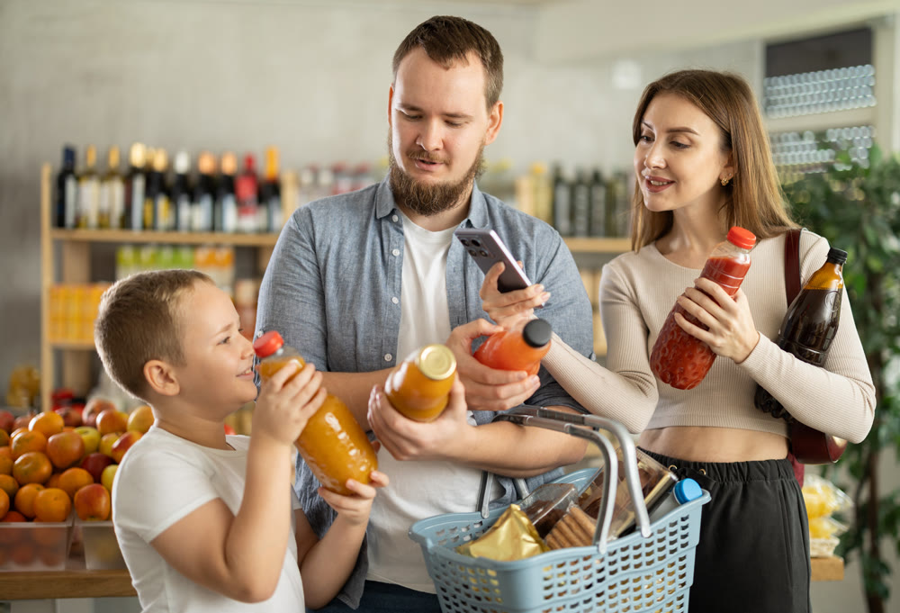 Couple of man and woman with boy scanning qr code of juices