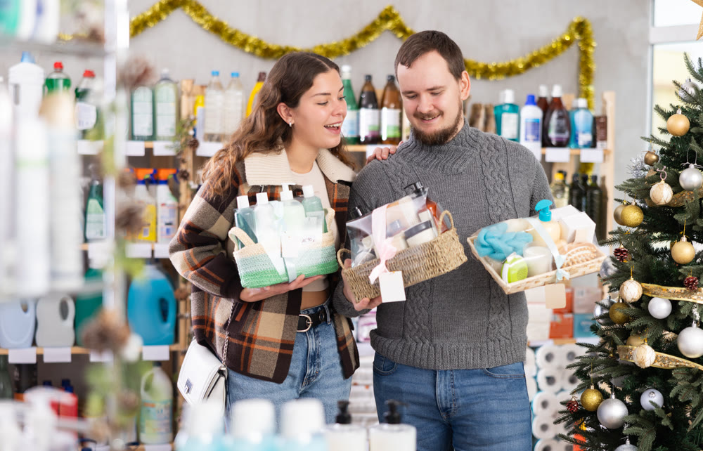 Couple shopping for Christmas presents together at home goods store
