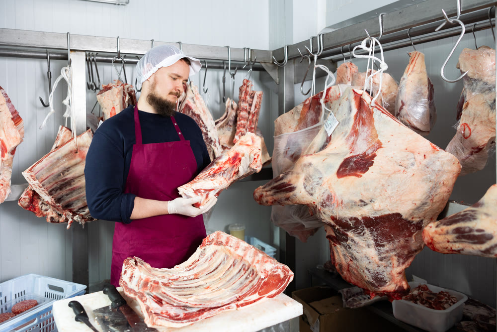 Bearded butchery worker preparing fresh veal cuts for sale