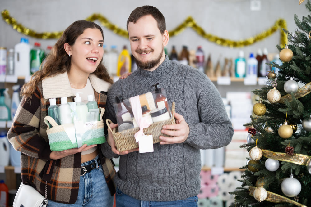 Couple shopping for Christmas presents together at home goods store