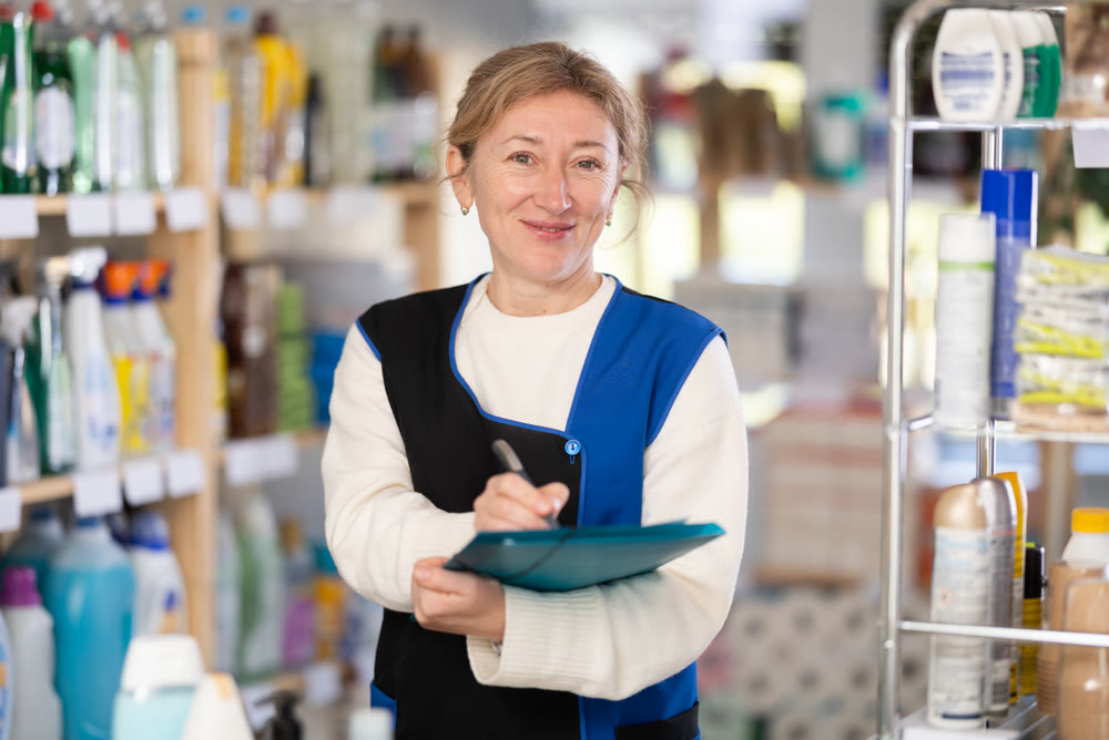 Adult woman seller conducting inventory in store
