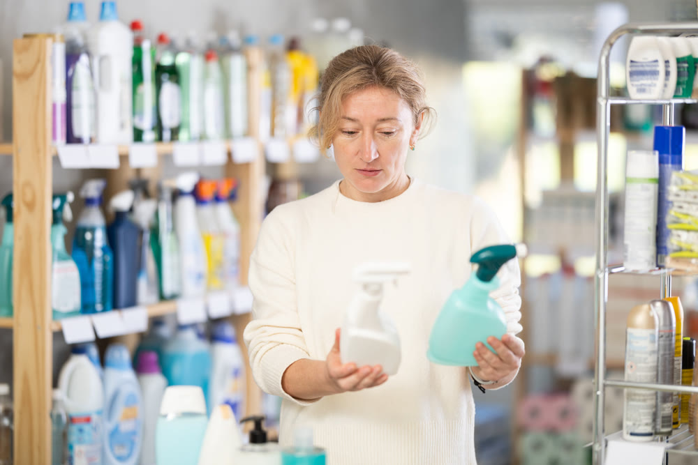 Adult woman chooses cleaning spray in store
