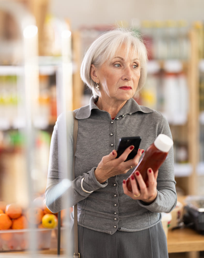 Elderly woman scanning qr code for ketchup