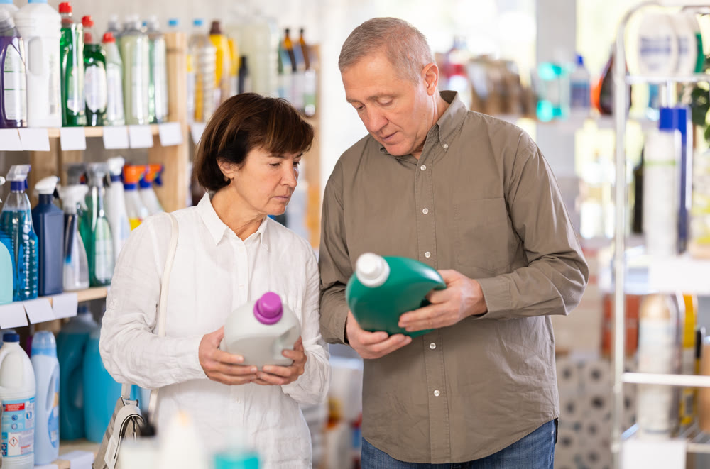 Couple man and woman choosing detergent in store