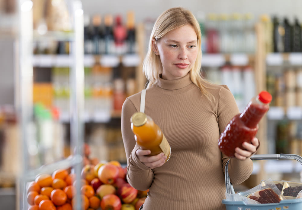 Young woman buyer chooses tomato and peach juices
