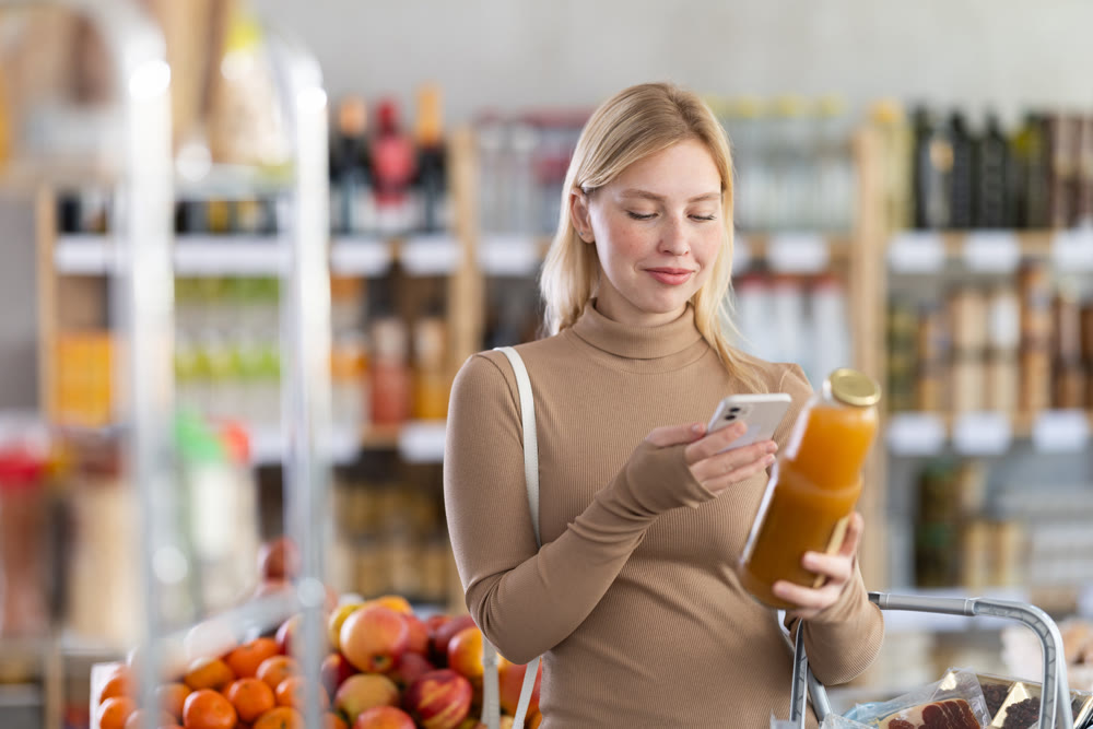 Girl scan QR code, take reading peach juice label using phone camera in shop