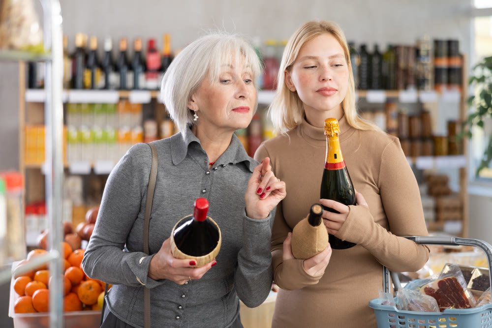 Shopping in produce supermarket - two female buyer makes choice bottle of wine