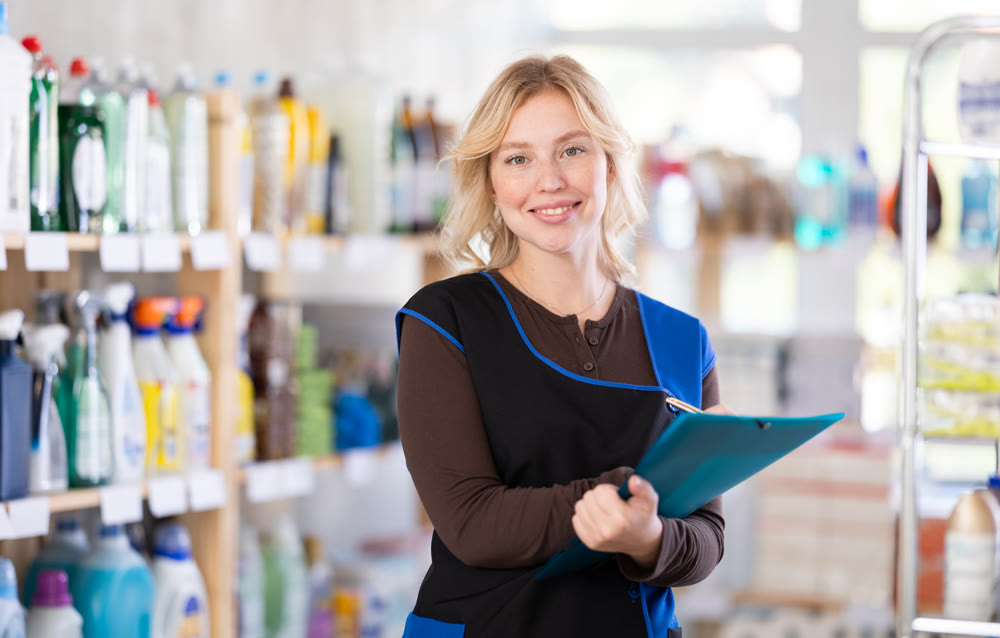 Woman seller, with papers and invoices in hands, makes inventory in store