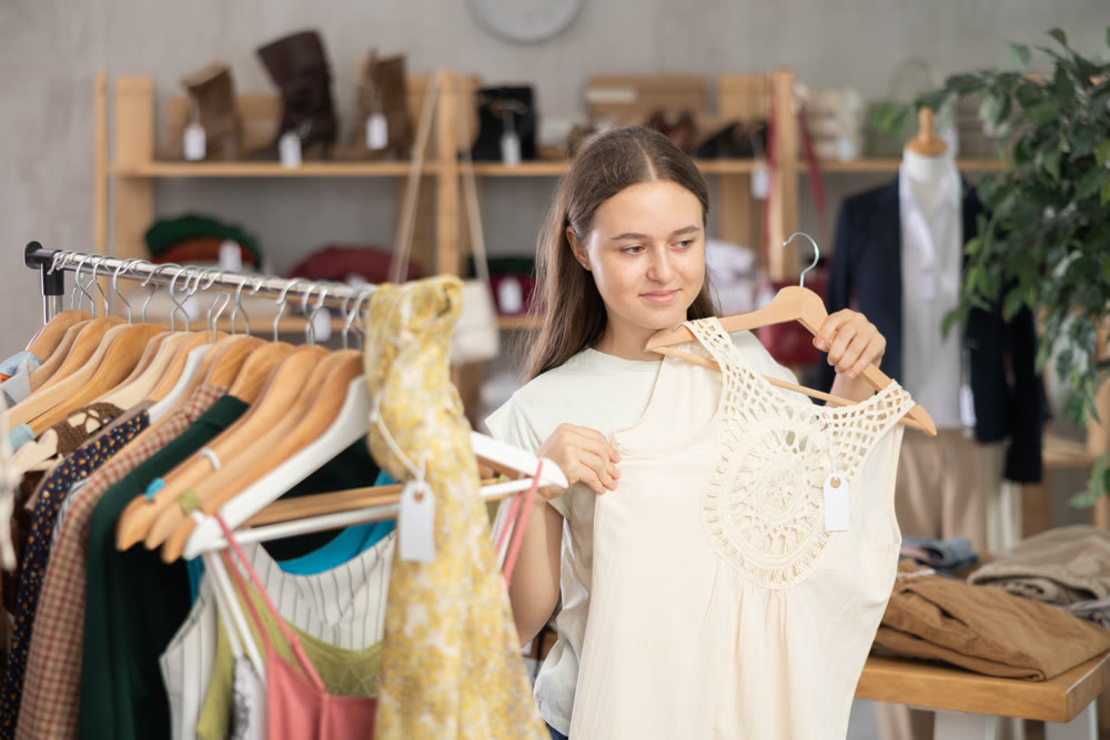 Girl chooses a set of clothes for summer. Visitor to the boutique examines the new summer collection of clothes