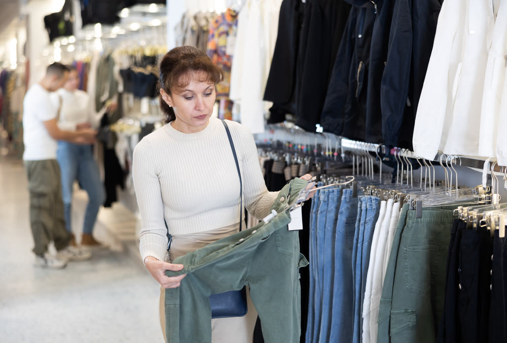 Middle-aged woman choosing casual pants in clothing store