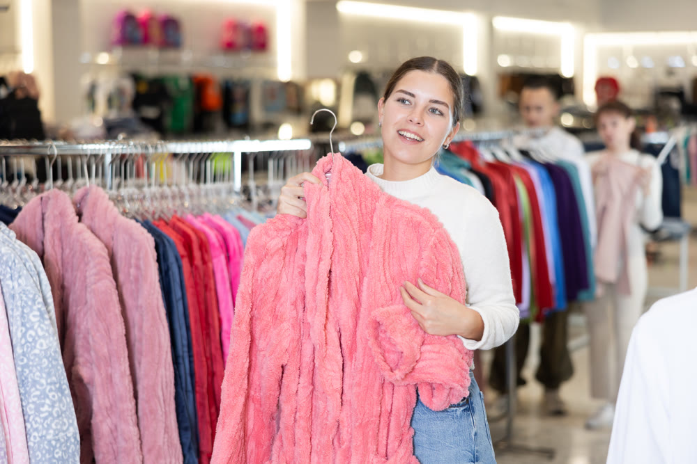 Young woman choosing bathrobe in store