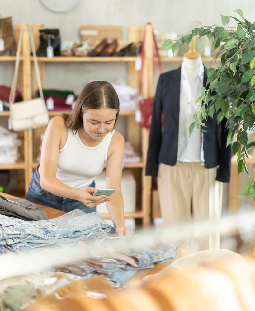 Young girl checking the quality of jeans or shorts using a steamer QR code on label