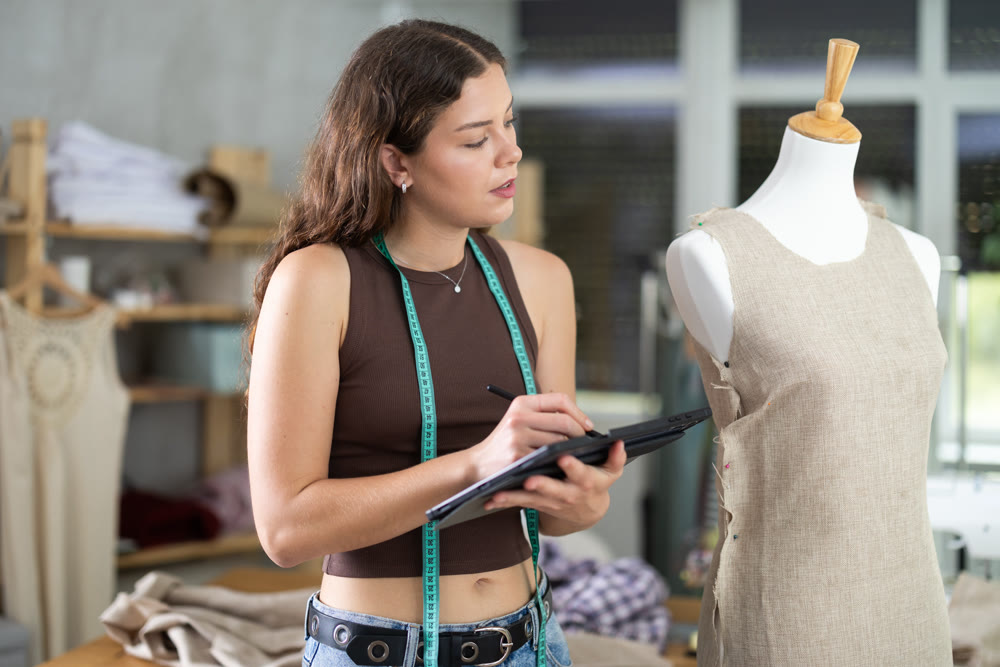 Woman tailor drawing dress design on tablet