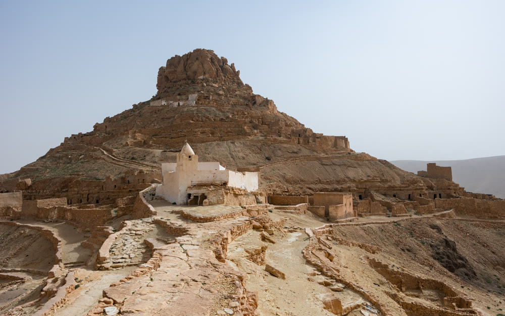 Abandoned Berber village of Ksar Guermassa with mosque in Tunisia
