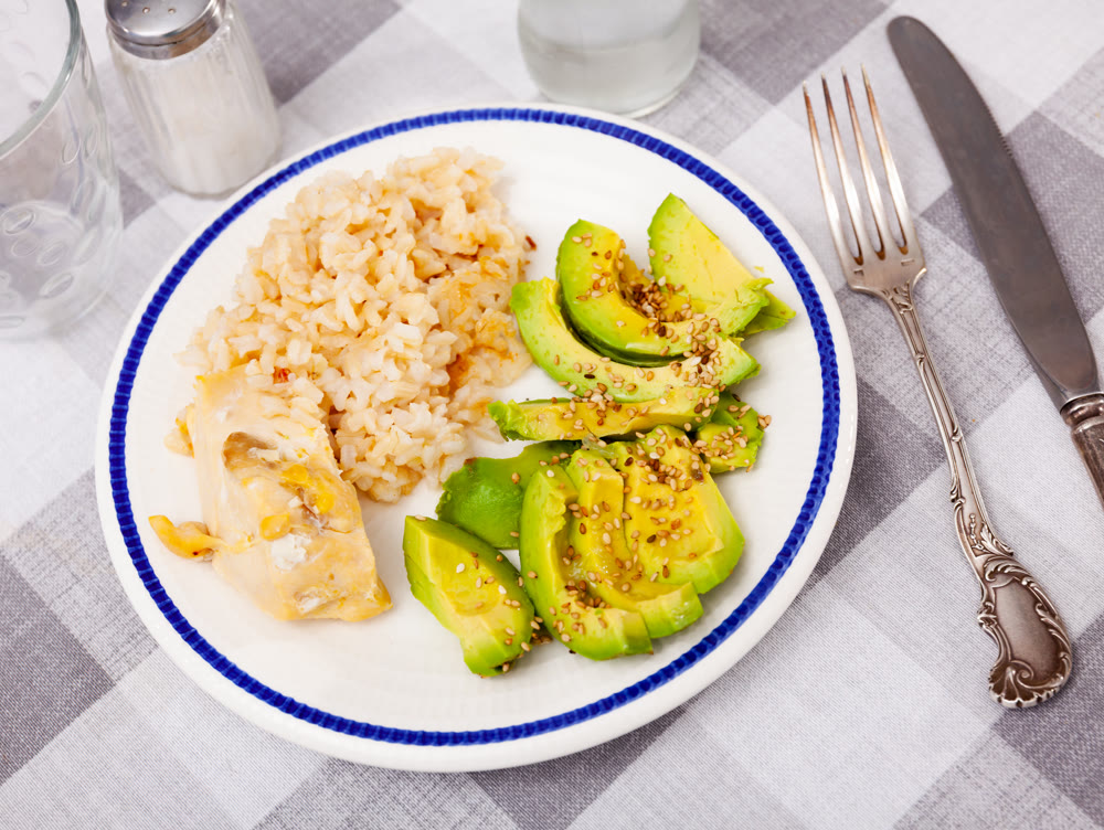 Stewed chicken breast, basmati rice and avocado for dinner