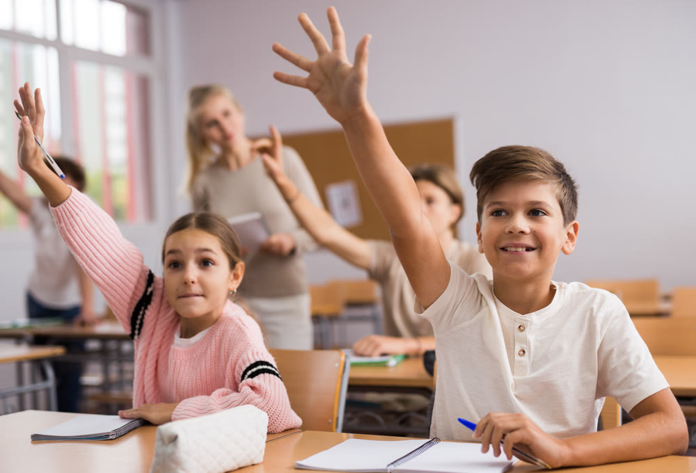 School pupils raise their hands up in classroom