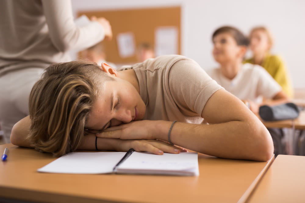 Teenager boy sleeping during lesson