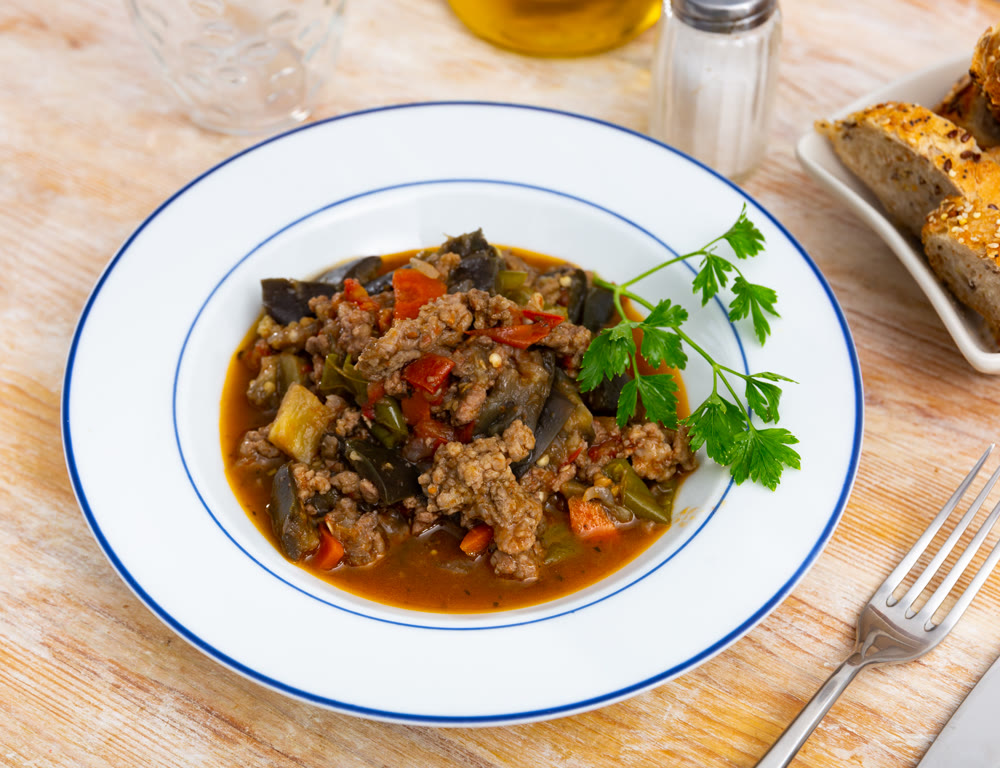 Delicious vegetable stew with minced meat, served for dinner
